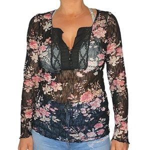 Denim&Supply Ralph Lauren Sheer Lace Long Sleeve Blouse Floral Black Size Large